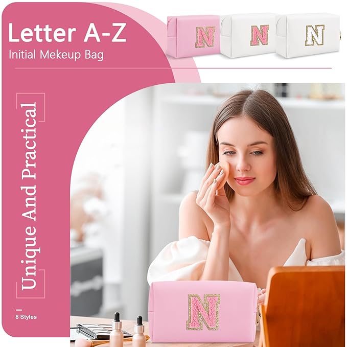 Personalized Initial A-Z Preppy Patch Makeup Bag,Small PU Leather Chenille Letter Cosmetic Bag with Zipper for Teen Girls,Pink Cute Travel Toiletry Bag,Birthday Monogrammed Gift for Daughter,Letter V