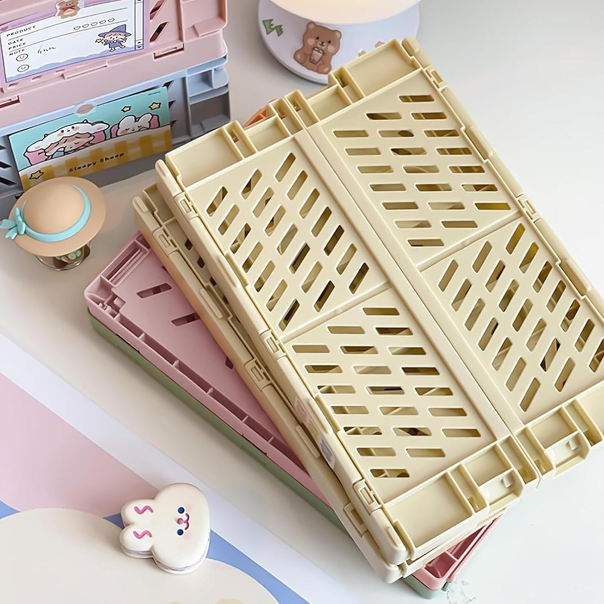 Small Pastel Plastic Storage Bins 2Pcs Foldable Pastel Crates Plastic Basket Colorful Storage Containers Baskets for Classroom Kitchen Office Bedroom Desktop Home Decor (Yellow 9.8" x 6.5" x 3.8")