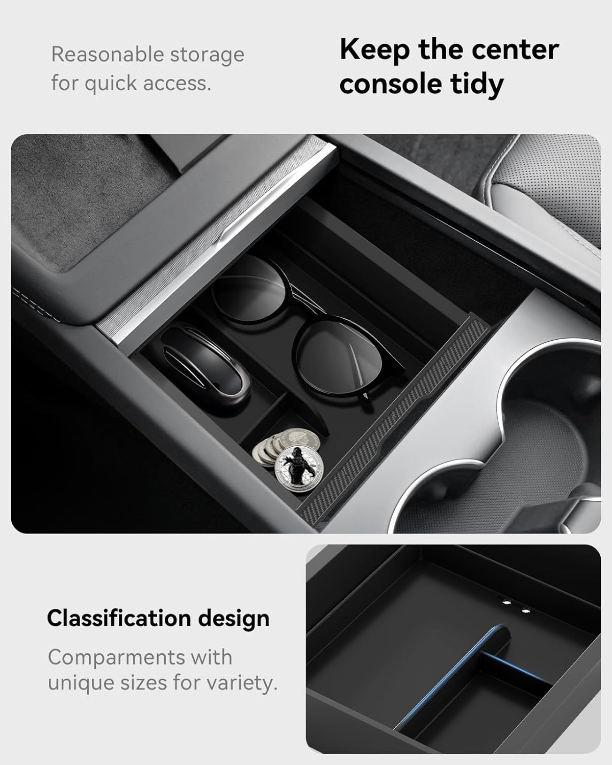2025 Upgrade Center Console Organizer Tray for Tesla Model 3 Highland Accessories 2024 2026, Divided Storage Double Layer Space Slide smoothly - 4 PCS, Black