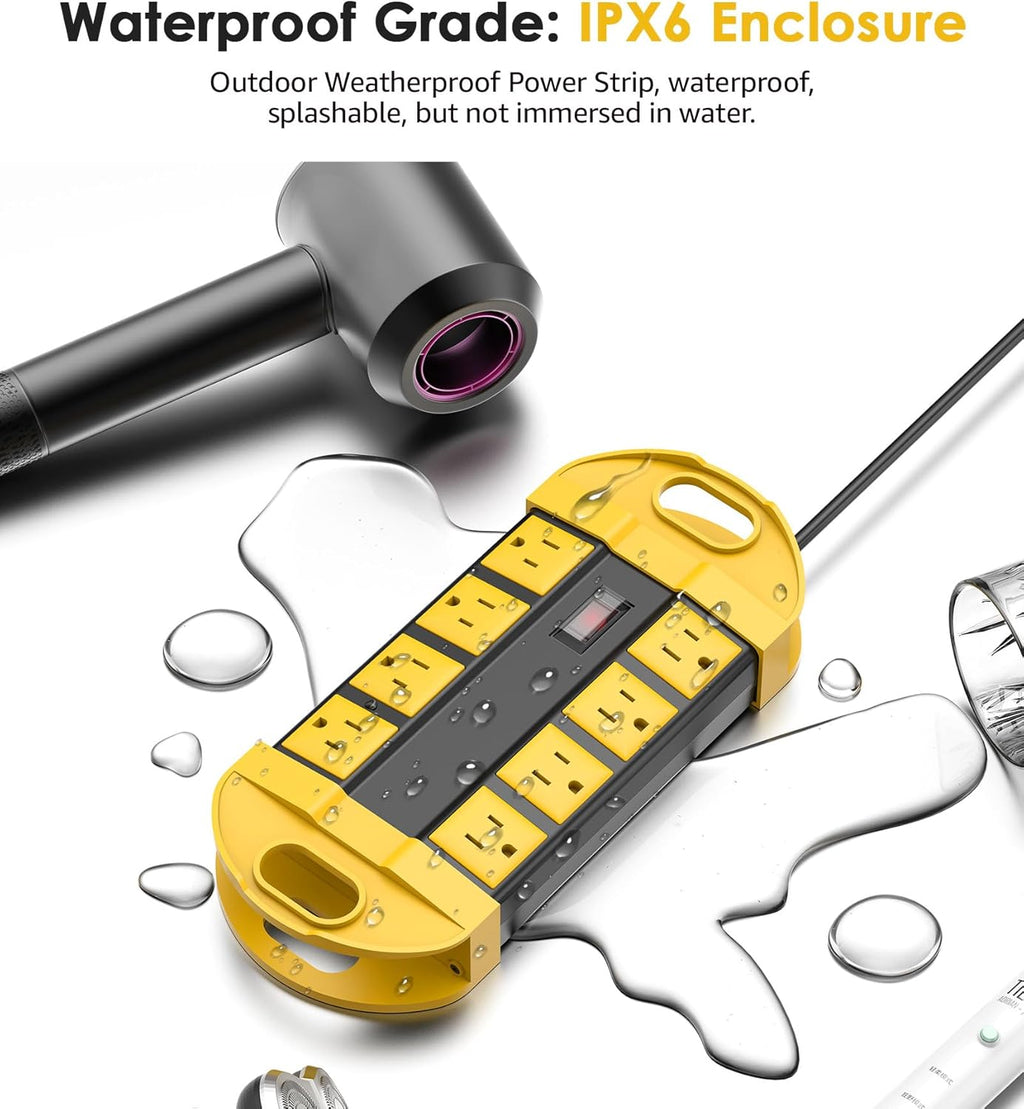 CCCEI GFCI Outdoor Power Strip Weatherproof with 8 AC, Waterproof Extension Cord with Multiple Outlets, Wall Mount Surge Protector Flat Plug, Christmas Exterior Garden, Yard, 10FT, Yellow.