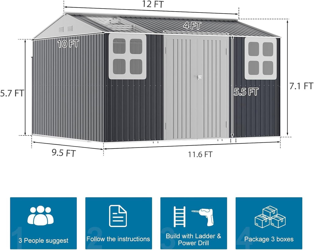 Restland 12x10 FT Outdoor Storage Shed Reinforced Frame Metal Shed with Clear Roof, Air Vent & Lockable Door Large Garden Tool Storage Sheds for Backyard, Garden, Lawn
