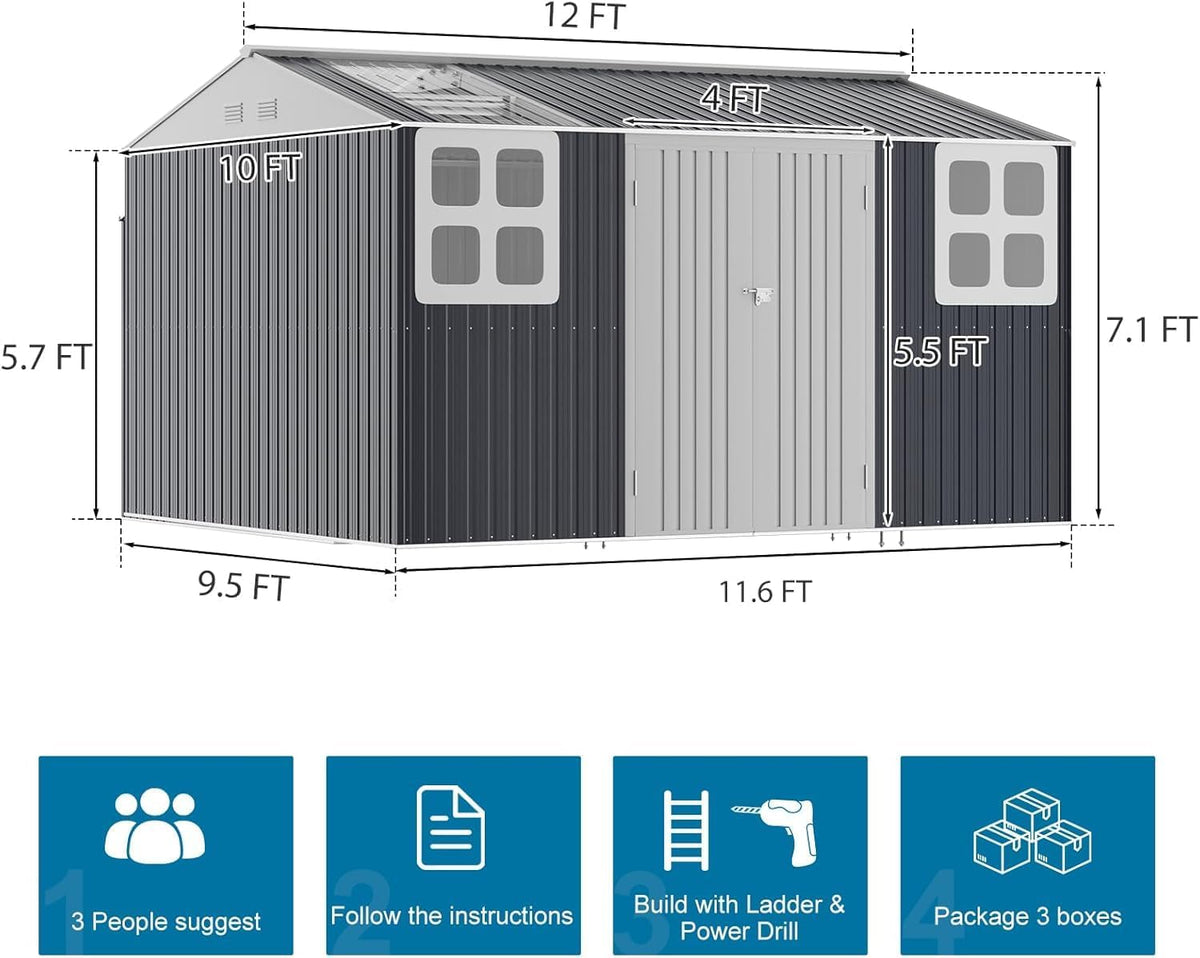Restland 12x10 FT Outdoor Storage Shed Reinforced Frame Metal Shed with Clear Roof, Air Vent & Lockable Door Large Garden Tool Storage Sheds for Backyard, Garden, Lawn