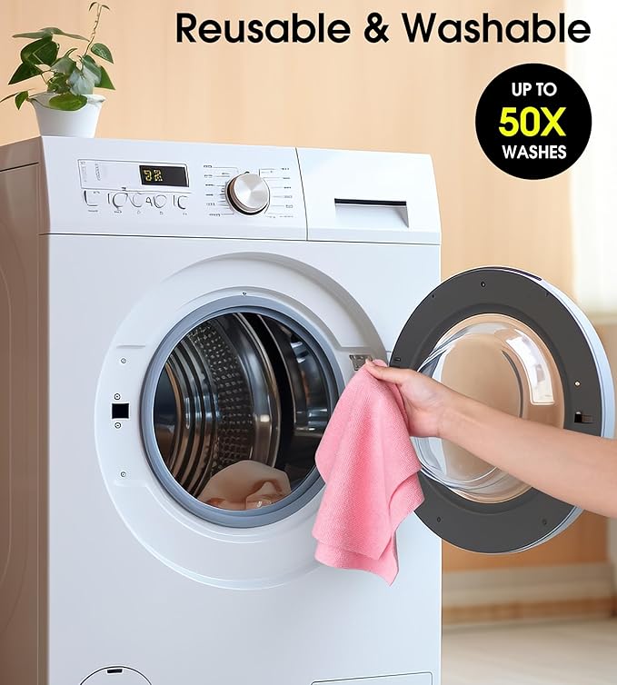 KitchLife Microfiber Cleaning Cloth Roll, 100 Pack - Tear-Away Microfiber Paper Towels, Lint-Free, Reusable, Washable for Kitchen, Car, Dishes, and Sensitive Surfaces (Pink)