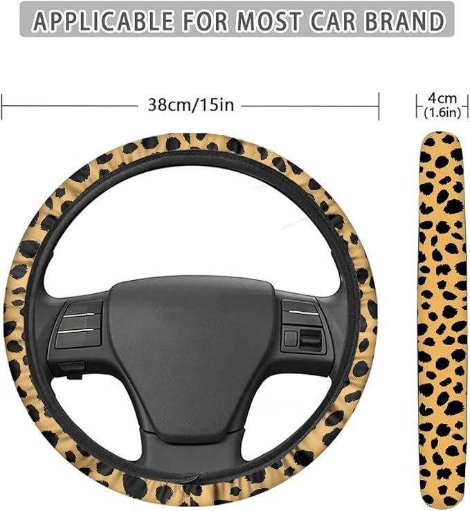 Universal Non-Slip Steering Wheel Cover, 15-inch Polyester Material Driving Accessories, Adjustable for Car and Truck(Classic Amber Leopard)