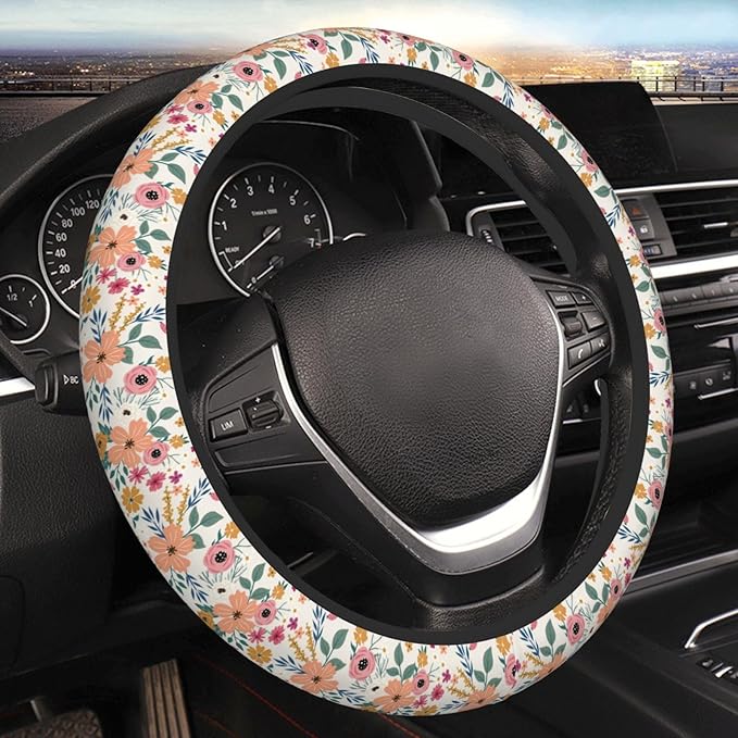 Wild Rose Metallic Flowers Steering Wheel Cover for Women Elastic Rubber Steering Wheel Universal 15 Inch Fit for Cars, Auto, SUVs