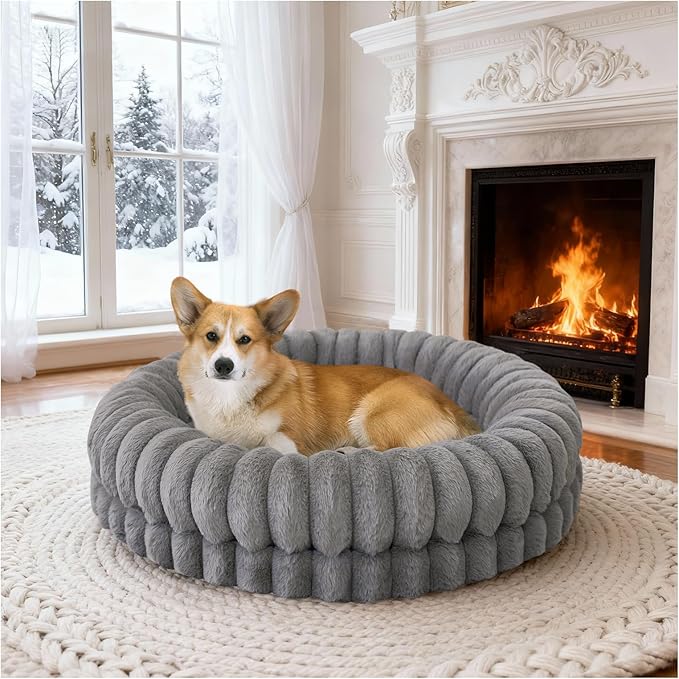 BALANCE Luxury Donut Dog Bed, 30 Inches Round Dog Bed Medium Size Dogs Washable, Orthopedic Calming Dogs Bed for Pets with Anti-Slip Bottom, Gray