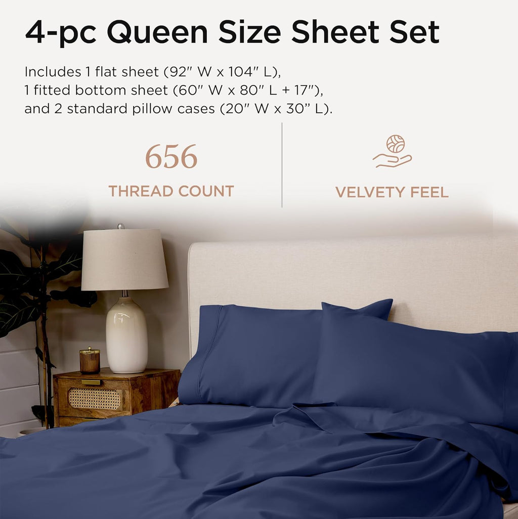 Threadmill Supima Cotton Sheets Queen | 656 Thread Count Queen Sheets for Queen Mattress | 4 Piece Luxury Bed Sheets | Sateen Weave Hotel Quality Sheet with Elasticized Deep Pocket | Folkstone Blue