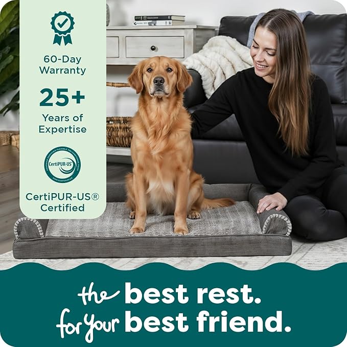 Furhaven Orthopedic Dog Bed for Large Dogs w/ Removable Bolsters & Washable Cover, For Dogs Up to 95 lbs - Luxe Faux Fur & Performance Linen Sofa - Charcoal, Jumbo/XL