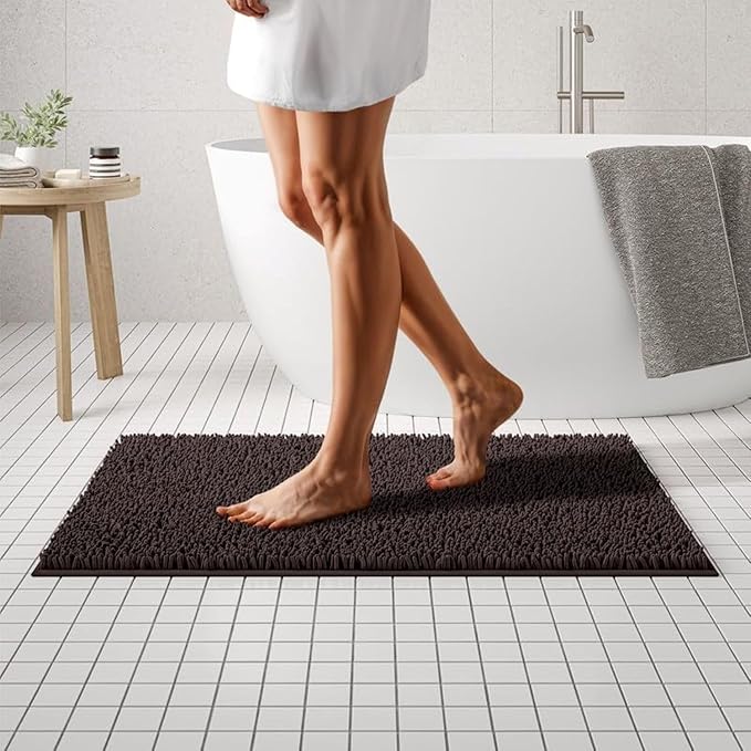 MAYSHINE Plush Shaggy Chenille Bath Mat | Extra Soft, Super Absorbent, Non-Slip Bathroom Rug | Fluffy Microfiber, Area Rug Sets for Bathroom Floor, Kitchen, Living Room | 39"x24" | Brown