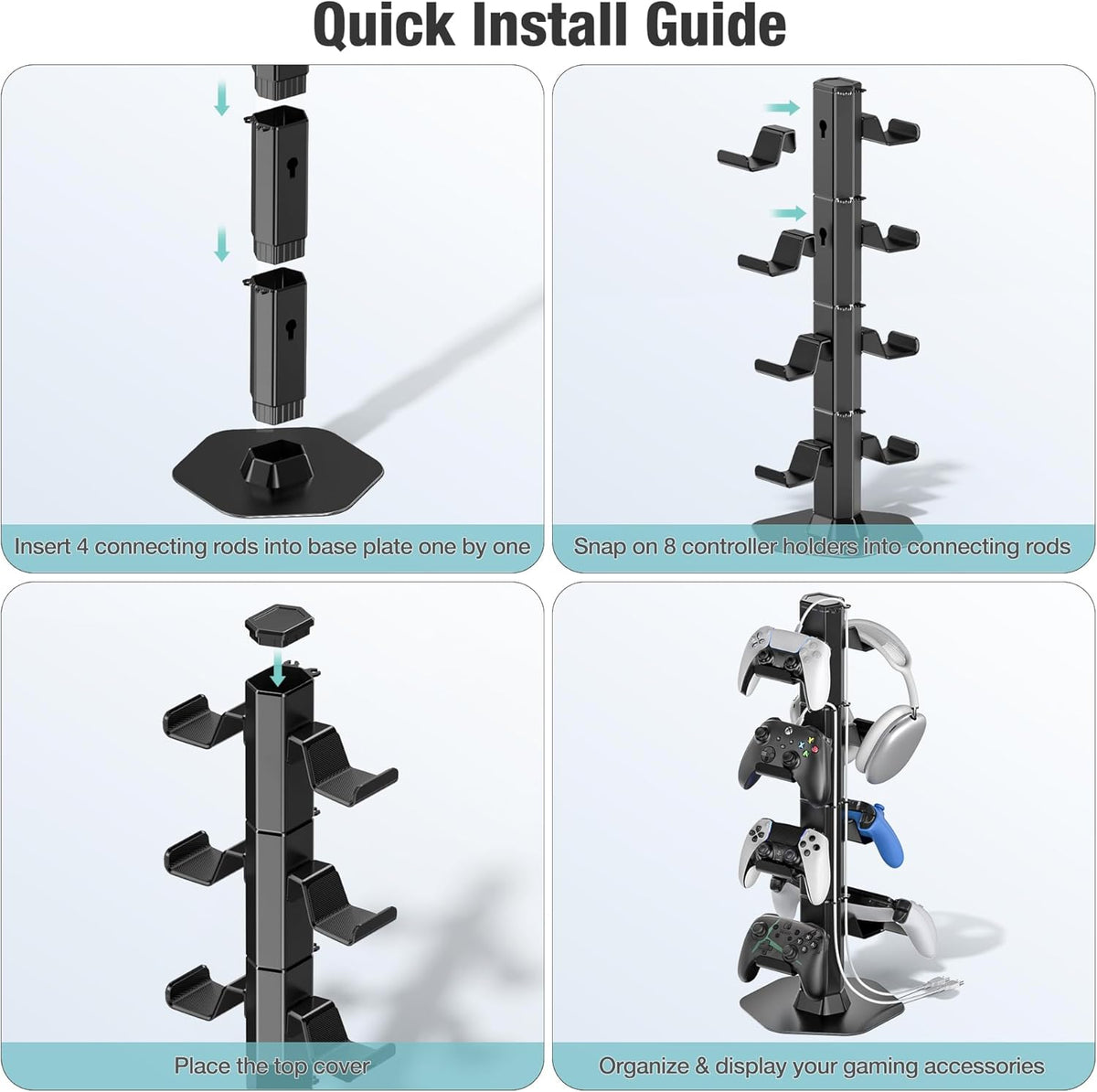 Controller & Headset Holder Stand for Desk, with Charger Cable Organizer Headphone Stand for PS5/ Xbox/ PS4/ Switch, Metal Base Controller Hanger Hook for Storage Earphones, Game Console, Mobile Phone