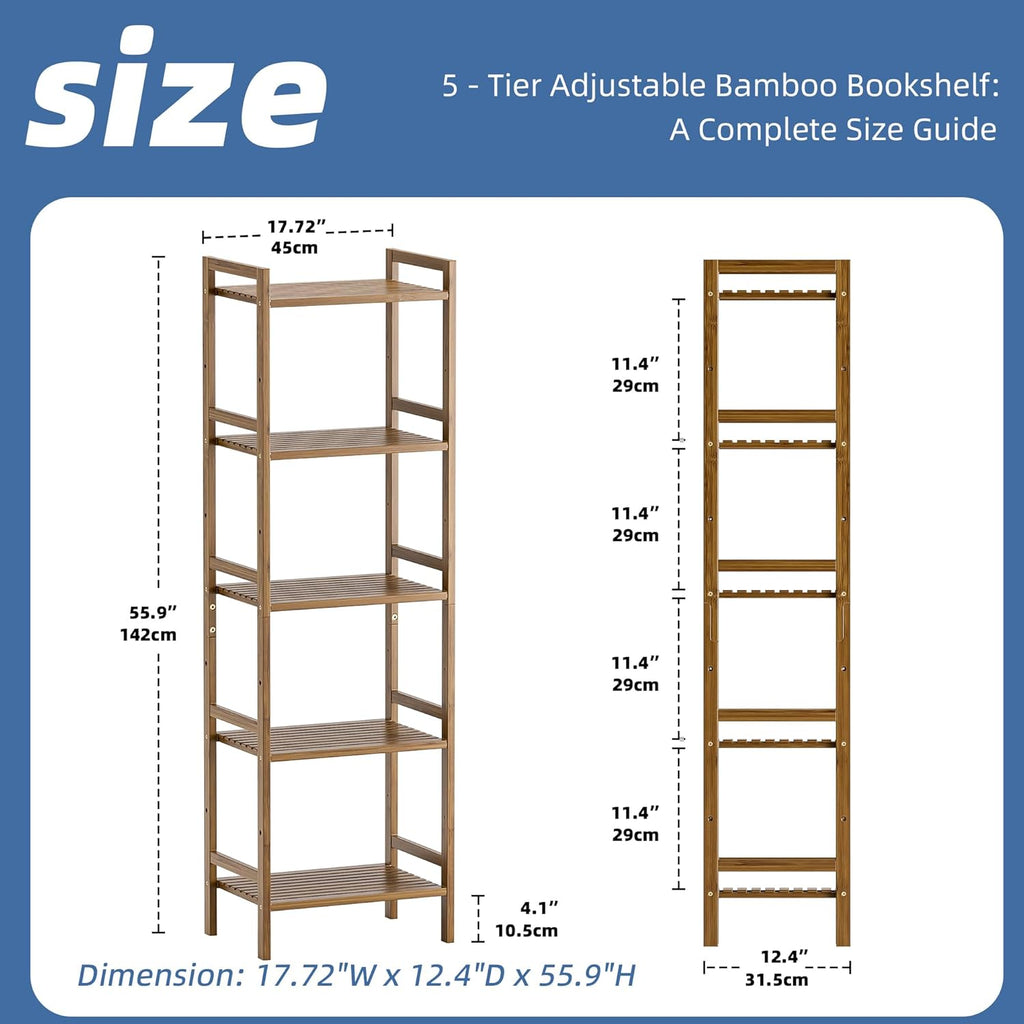 HITNET Bamboo Book Shelf, Tall Narrow Bookcase, Bathroom Shelving Unit 5 Tier Floor Standing Adjustable Bookshelf for Small Spaces, Walnut