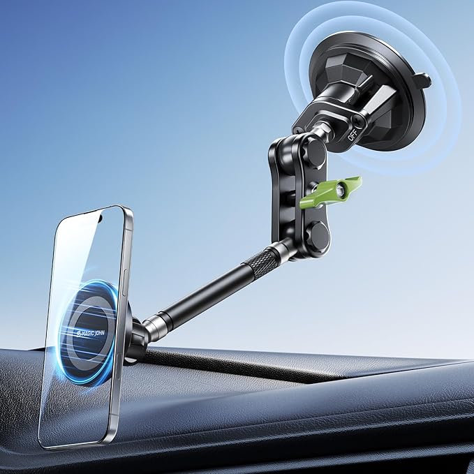 MAGIC JOHN Magnetic Car Phone Holder [Strong Suction&Strong Magnetic] 360° Adjustable Car Phone Mount for Windshield, Ultra-Durable Metal, Suction Cup Car Phone Mount for iPhone Samsung All Smartphone