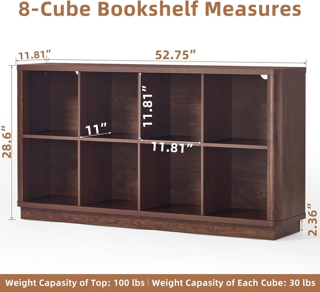 8 Cube Bookcase, 52" Long Horizontal Book Shelf w/Curved Edge, Floor Standing 2-Tier Cubby TV Stand Bookshelf with Wooden Base, Farmhouse Low Storage Cabinet for Living Room, Office, Walnut