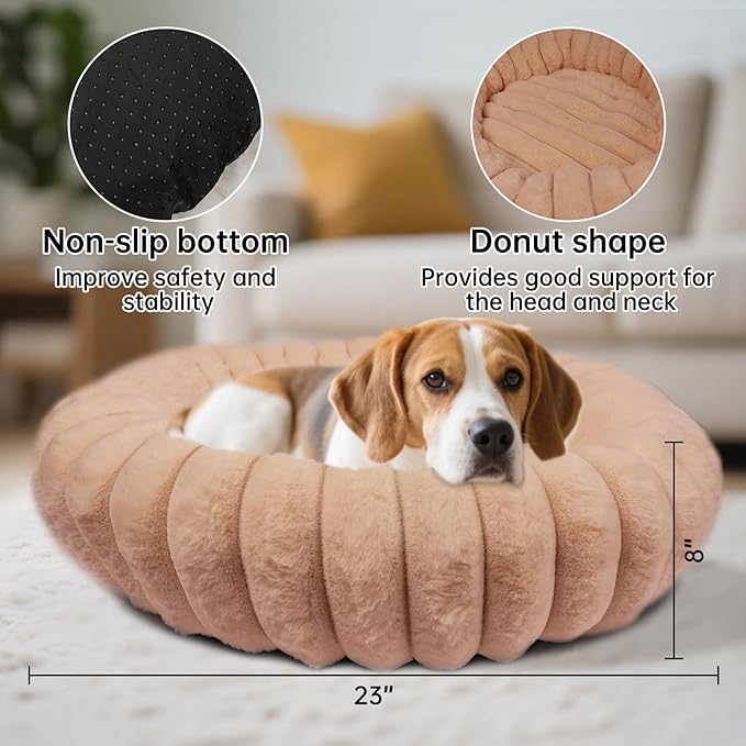 Vhen When Donut Dog and Cat Bed, Luxurious Comfortable Faux Rabbit Fur Pet Beds, Round Anti-Anxiety Calming Puppy Kitten Bed with Anti-Slip Bottom for Small Medium Dogs & Cats(23", Brown)