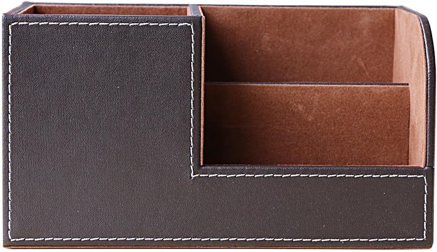 KINGFOM Desk Organizer Office Supplies Caddy Pu Leather Multi-function Storage Box Pen/Pencil,Cell phone, Business Name Cards Remote Control Holder Brown