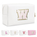 Small Initial Patch Makeup Bag Personalized Gifts Make Up Bag,White Cute PU Leather Glitter Letter Cosmetic Bag with Zipper,Trendy Portable Travel Toiletry Pouch,Preppy Stuff for Teen Girls Women W