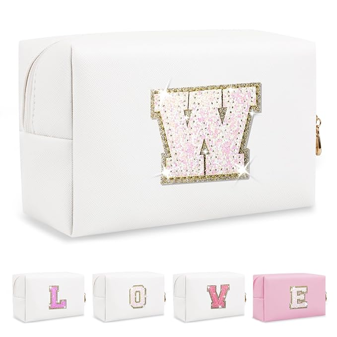 Small Initial Patch Makeup Bag Personalized Gifts Make Up Bag,White Cute PU Leather Glitter Letter Cosmetic Bag with Zipper,Trendy Portable Travel Toiletry Pouch,Preppy Stuff for Teen Girls Women W