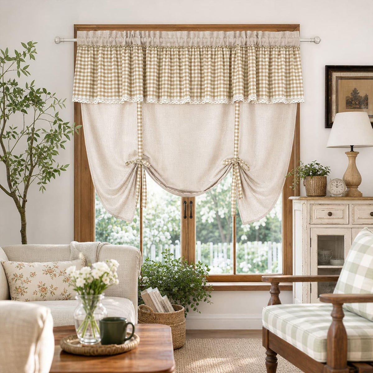 1 Panel Rod Pocket Tie Up Roman Curtain Khaki Gingham Lace Valance | Top Linen Blend Adjustable Lift Cafe Curtain, Light Filtering Privacy Short Window Curtain for Kitchen Farmhouse W55 x L63 in