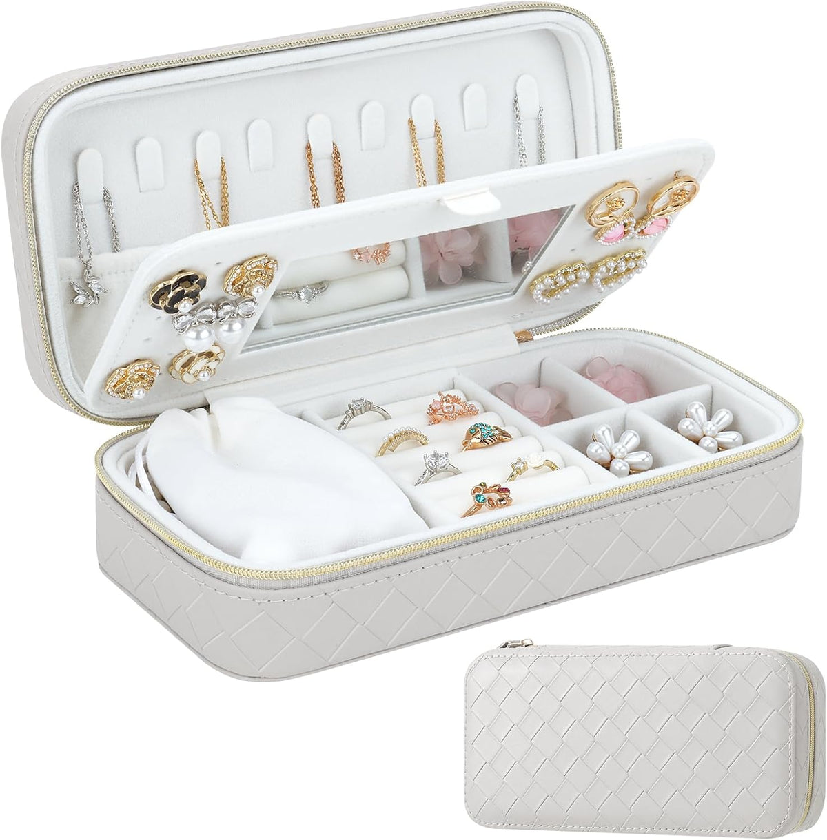DesignSter Jewelry Organizer, Small Portable Travel Jewelry Storage for Women, Woven Embossed PU Jewelry Case with Mirror for Ring Earring Necklace Bracelet