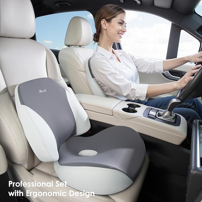 FLORICH Lumbar Support Pillow and Car Seat Cushion for Driving Car Office Chair, Memory Foam Back Support Pillow and Office Seat Chair Cushion for Sciatica Pain Relief - Grey