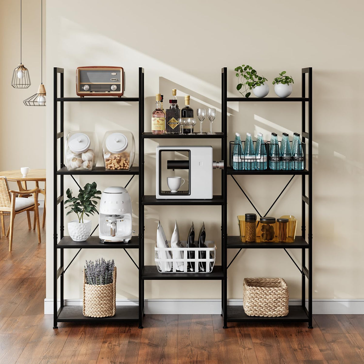 NUMENN Triple Column 4 Tier Bookshelf, Bookcase with 11 Open Display Shelves, Adjustable Rustic Industrial Style Book Shelves, Modern Bookshelves for Bedroom, Living Room and Home Office, Black