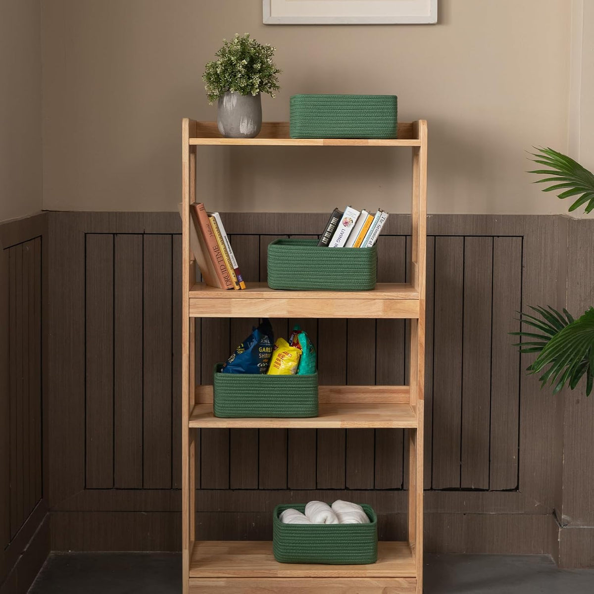 4 Pack Small Storage Shelf Baskets for Organizing, Mini Woven Rope Storage Bins for Towels, Cute Decorative Closet Organizer，Baby Nursery, Gift Empty Baskets -11.81''Lx7.87''Wx4.72''H-Green