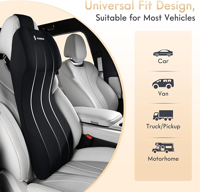 FLORICH Lumbar Support with Car Headrest Pillow 2-in-1 Memory Foam Car Seat Headrest & Lumbar Cushion Ergonomic Back Support Pillow Seat Cushion for Car Seat Driving Neck Back Pain Relief, Black