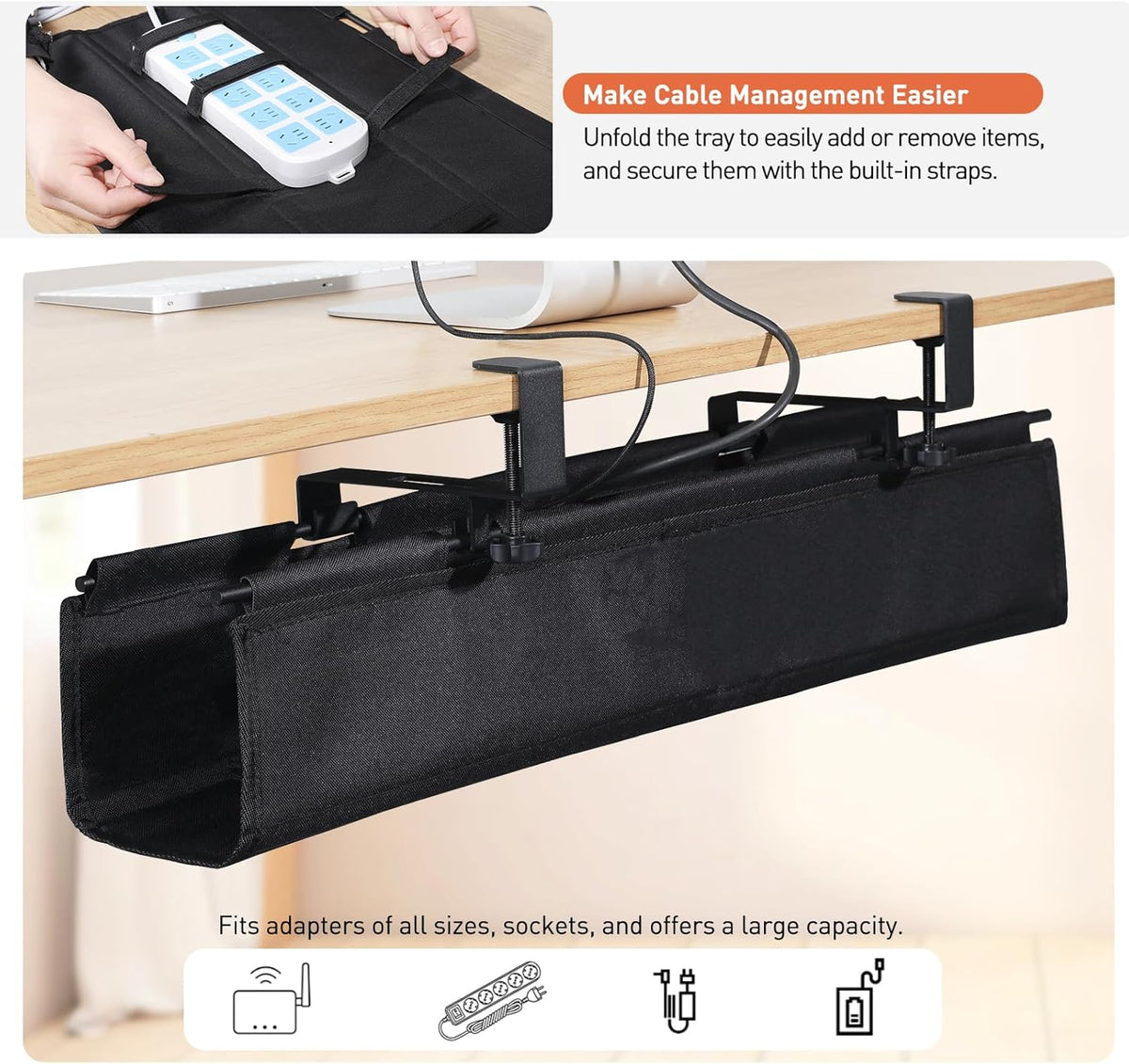 MAXECHO Under Desk Cable Management Tray 28" - Clamp on Wire and Cable Organizer for Storage and to Hide Cords - Ideal for Home Office - Premium Black Fabric Design