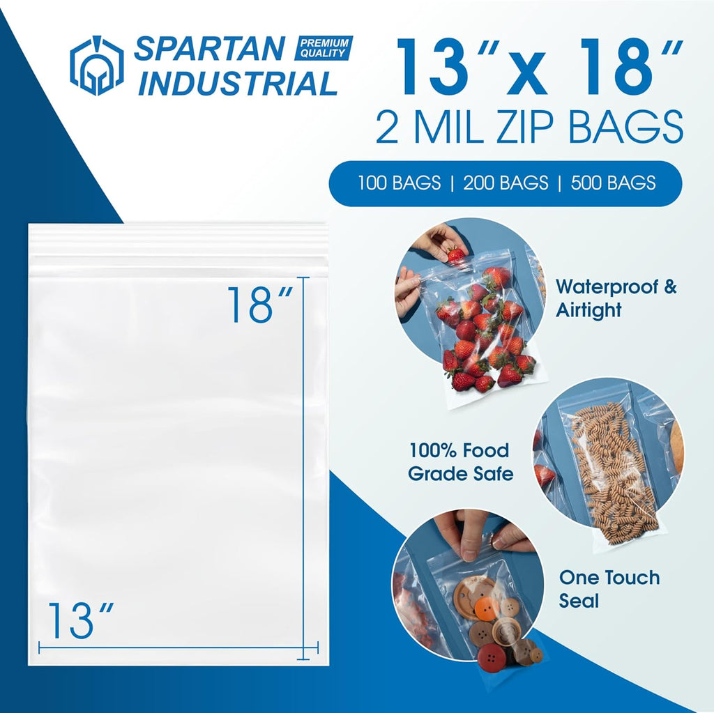 Spartan Industrial - 13” X 18” (500 Count) 2 Mil Clear Reclosable Zip Plastic Poly Bags with Resealable Lock Seal Zipper