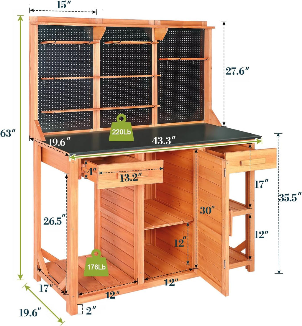 Outdoor Potting Bench,Wooden Potting Table with Metal Tabletop,Garden Work Bench with Drawer and Free Matching Storage Cabinet Shelf/Hooks for Backyard,Patio,Greenhouse (Black, 44 * 20 * 63in)