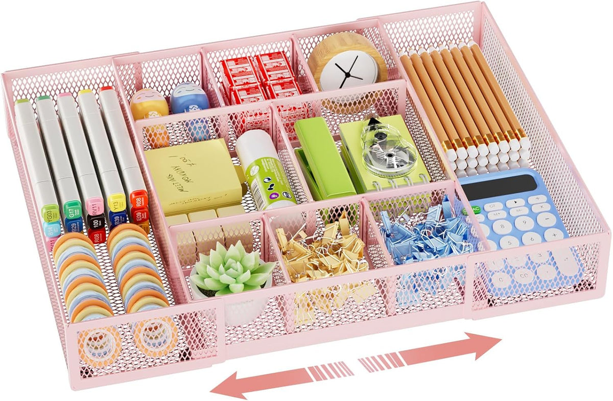 Marbrasse Expandable Desk Drawer Organizer, Mesh Tray with 10 Adjustable Compartments, Desk Organizers for Office Supplies, Makeup & Vanity (Expandable-Pink)
