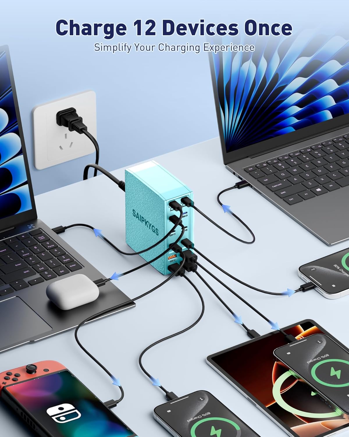 Charging Station (600W),12-Port USB C Charger Block with Dual 100W PD USB-C Fast Charging Station Hub for MacBook Pro/Air/All iPad Phone 17/16 15/14/13/Pro Max/Samsung Galaxy Note(Green)