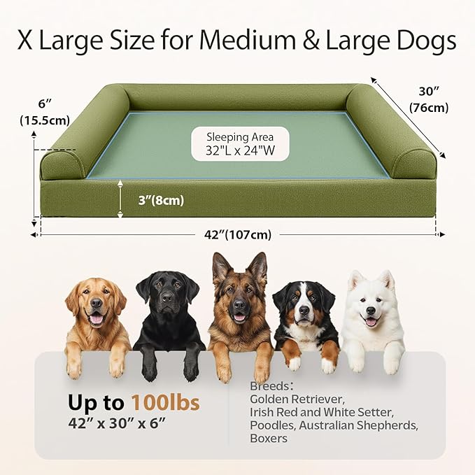 Sytopia 42in Chew Proof Dog Beds for Large Sized Dogs, Waterproof Egg Crate Foam XL Orthopedic Pet Bed with Removable Washable Cover, Non-Slip Bottom, Supports up to 100 lbs for Senior Pet, Green
