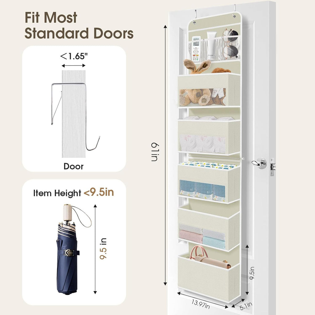 6-Tier Over The Door Organizer, Hanging Storage Organizer with Clear Window, 40lb Ultra Sturdy Large Capacity Room Organizer for Pantry Bathroom Nursery Closet Baby Essential (Beige)
