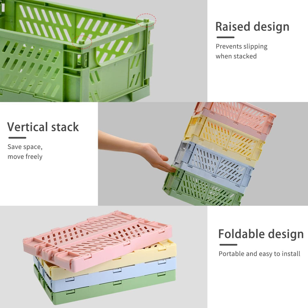 Xhwykzz 4 Pack Pastel Crates for Storage, Plastic Folding Basket, Colorful Small Storage Containers for Bedroom Office Classroom Bathroom Desktop Drawer Organizer Decor (9.8x6.5x3.8inch)