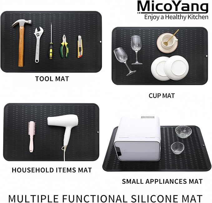 Silicone Dish Drying Mat for Multiple Usage,Easy clean,Eco-friendly,Heat-resistant Silicone Mat for Kitchen Counter or Sink,Refrigerator or Drawer Liner Black 3XL 28 inches x 18 inches