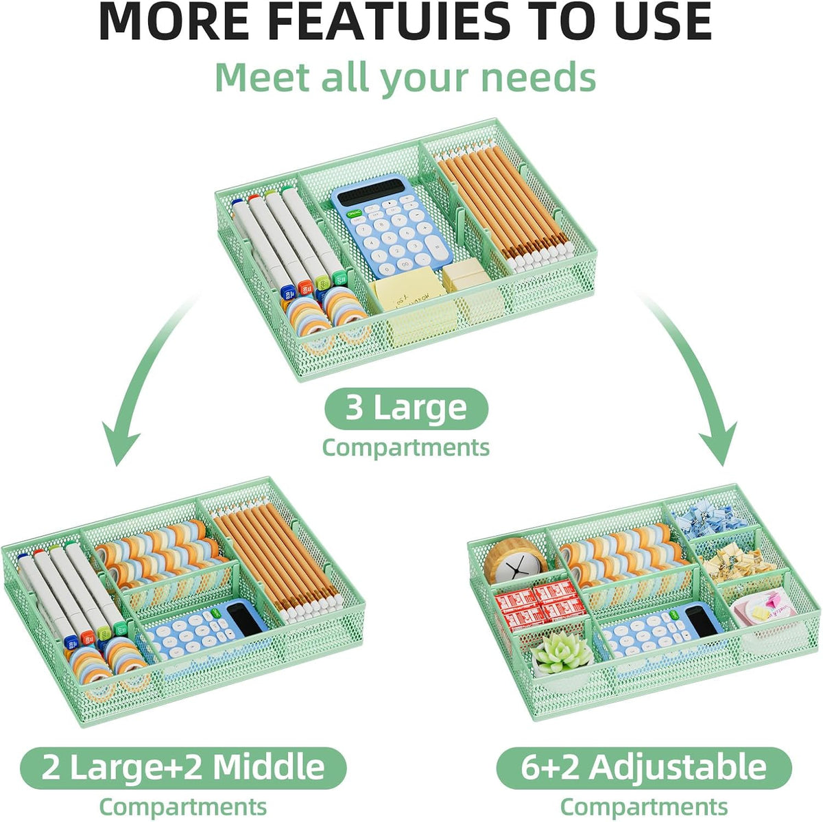 Marbrasse 2 Pack Desk Drawer Organizer, Mesh Drawer Organizer Tray with 8 Adjustable Compartments, Desk Organizers and Accessories, 5 Dividers Drawer for Office Supplies, Makeup & Vanity (Green)