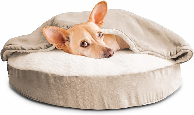 Furhaven 26" Round Orthopedic Dog Bed for Medium/Small Dogs w/ Removable Washable Cover, For Dogs Up to 30 lbs - Sherpa & Suede Snuggery - Blue, 26-inch