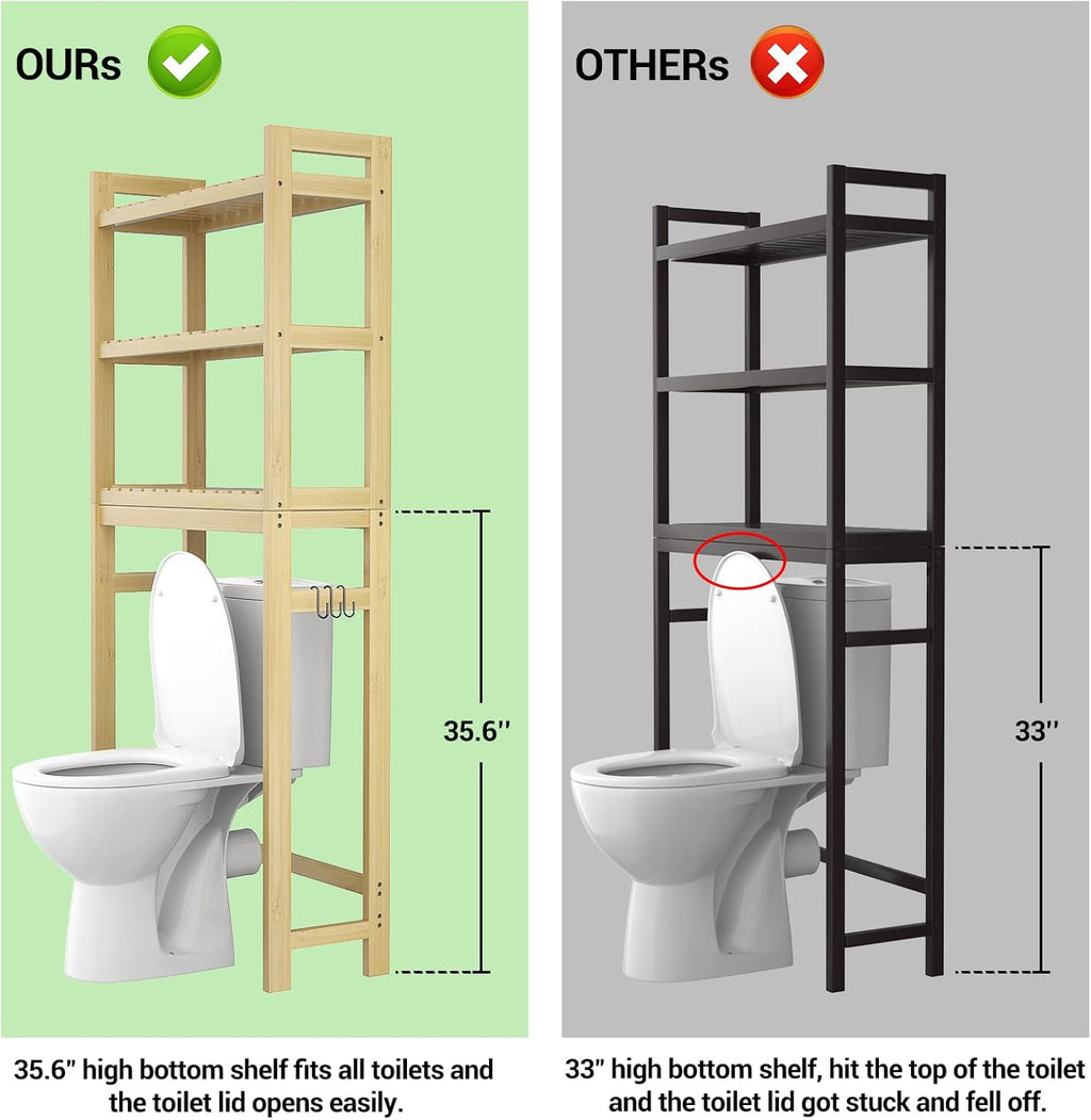 Homykic Over The Toilet Storage, 3-Tier Bamboo Bathroom Shelf with 3 Hooks, Above Toilet Organizer Rack Freestanding for Small Space, Restroom, Laundry, Easy Assembly, Natural