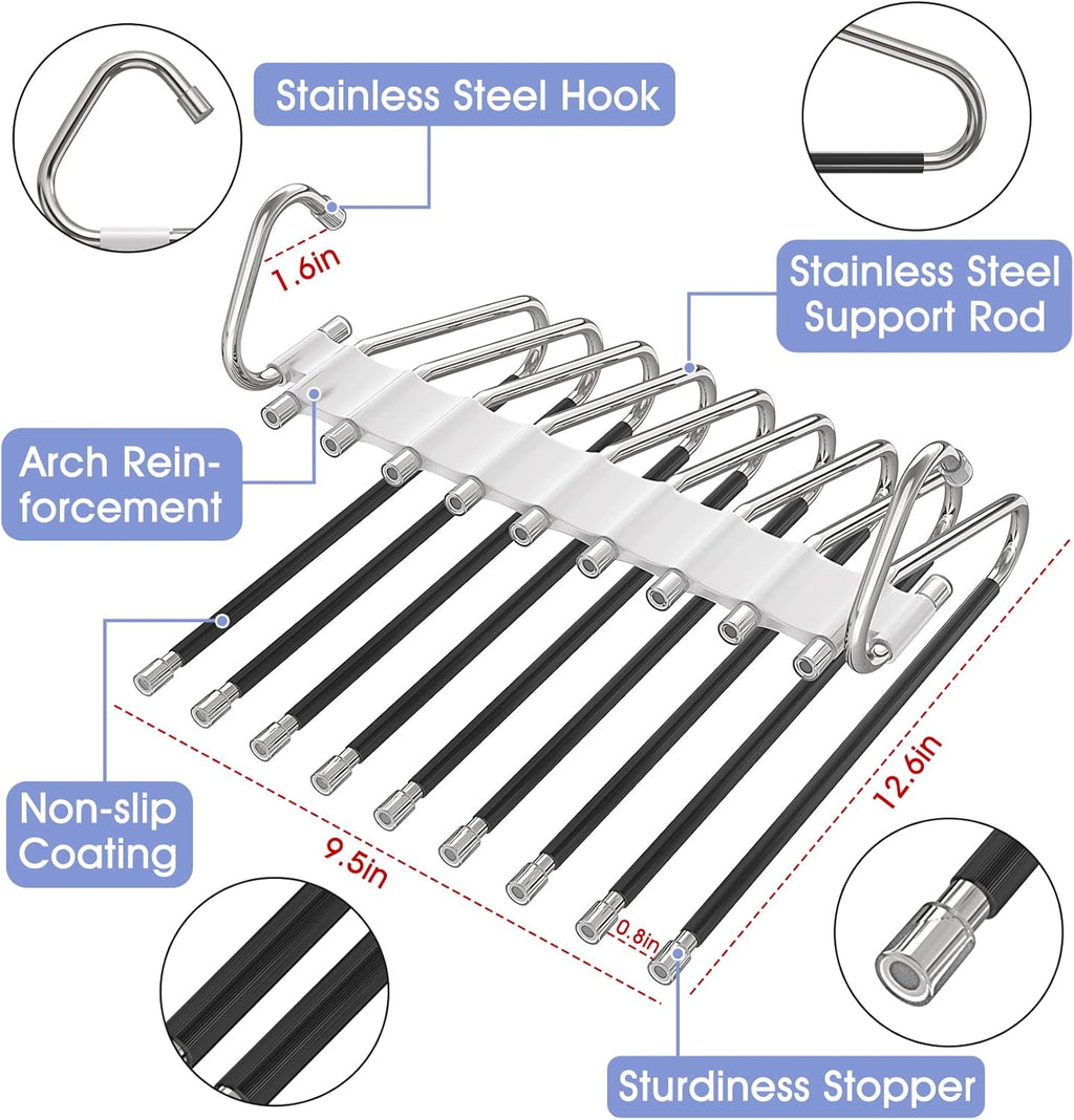 Upgrade 9 Layers Pants Hangers Space Saving, 2 Pack Multifunctional Pants Rack Non Slip Stainless Steel Clothes Space Saver Hangers Closet Organizers Storage for Pants Jeans Leggings, Creamy White
