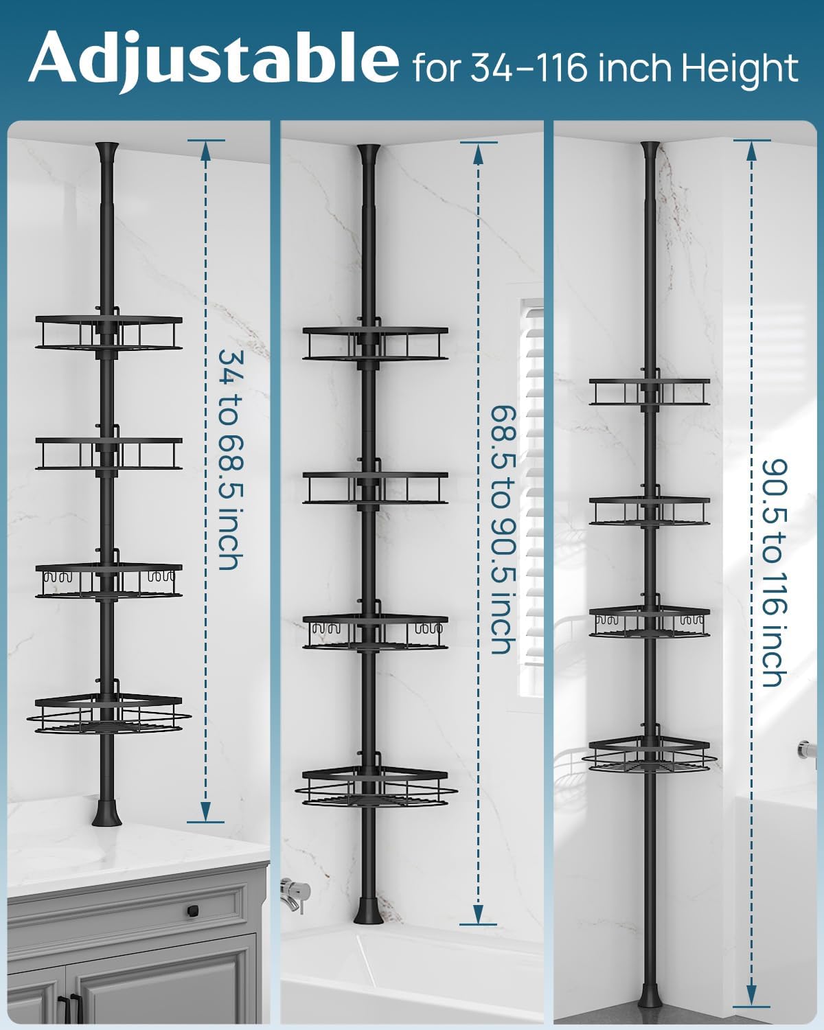 SEIRIONE Corner Shower Caddy Tension Pole, Rustproof Bathroom Shower Organizer Corner, 4-Tier Adjustable Bathroom Shelf, Solid Rack Ideal for Bathtub Storage, 34 to 116 Inch Height, Black