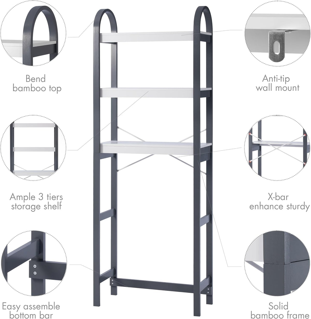 Spirich Over The Toilet Storage Shelf, 3-Tier Over Toilet Bathroom Organizer, Space-Saving Above Toilet Storage Shelf Rack with Bamboo Frame, Gray