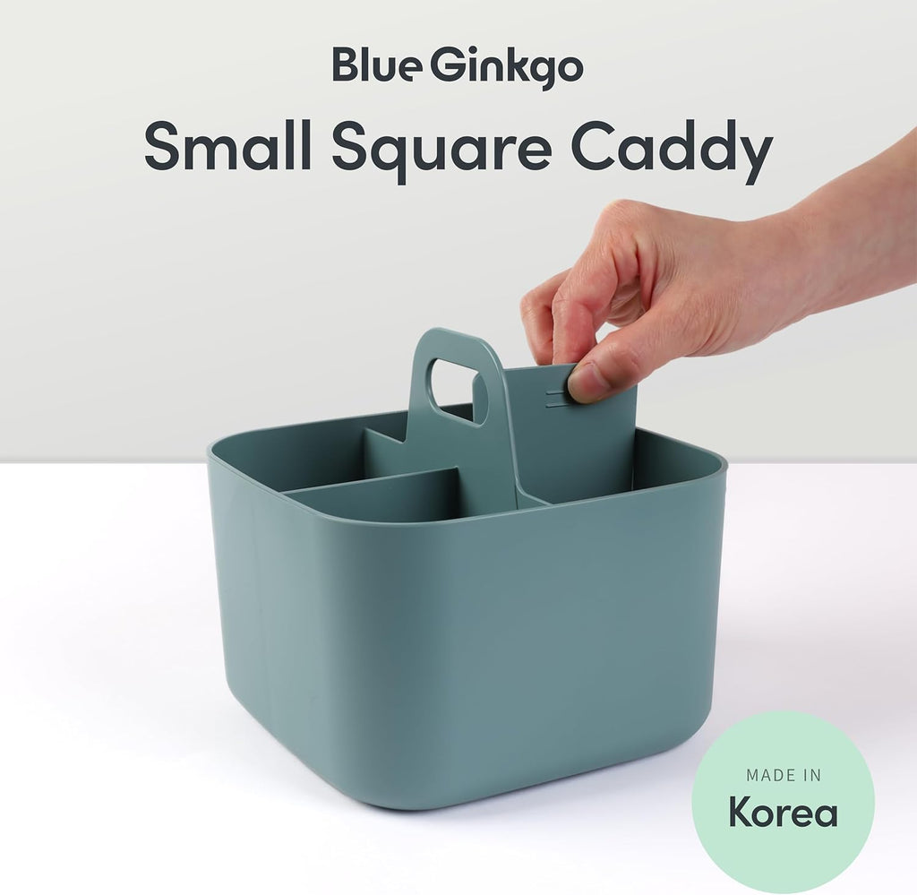 BLUE GINKGO Small Stackable Organizer Caddy – Korean-Made Portable Tote for Bathroom, Office, Crafts, or School Supplies (Square, Green)