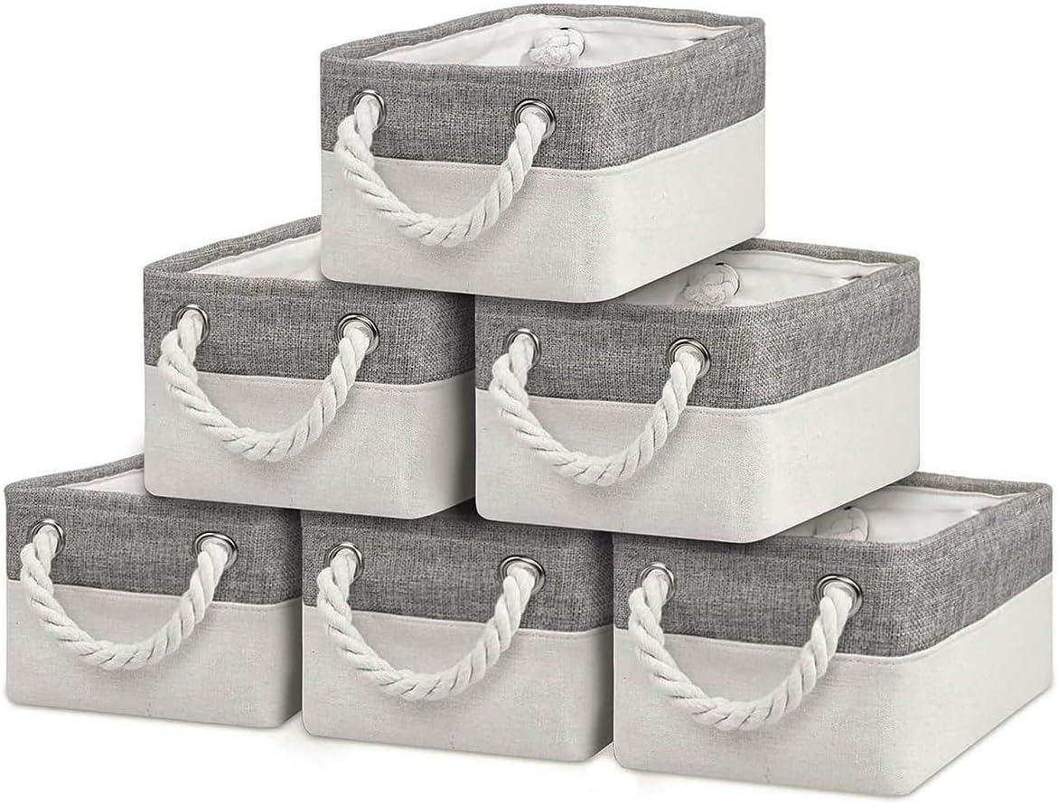 Storage Bins - Storage Baskets for Shelves Storage Cubes with Handles Small Baskets for Organizing (Gray and White 11.8 x 7.9 x 5.2 inch)