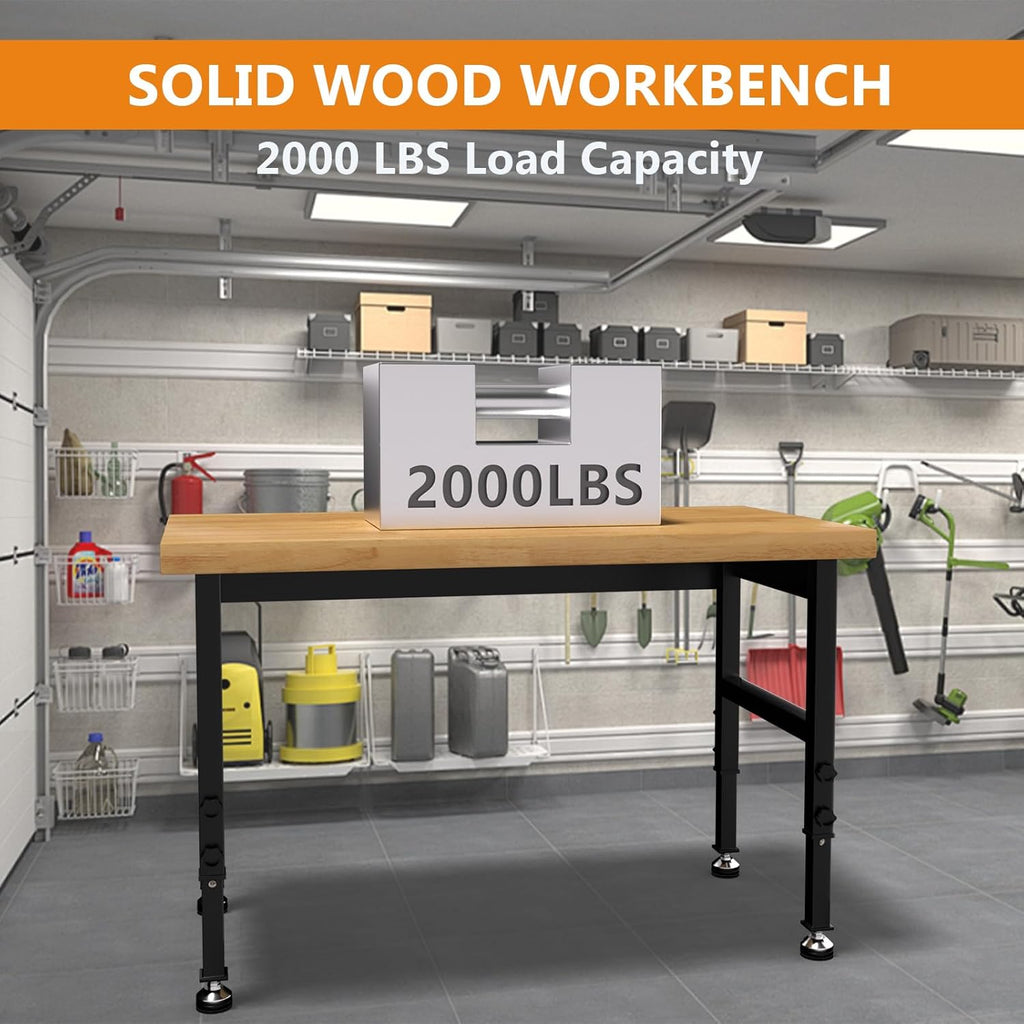 48" Work Bench, Adjustable Height Workbench with Rubber Pad, Heavy-Duty Solid Wood Work Table with Power Outlets, 2000 LBS Capacity Workstation for Garage, Workshop, Office, Home