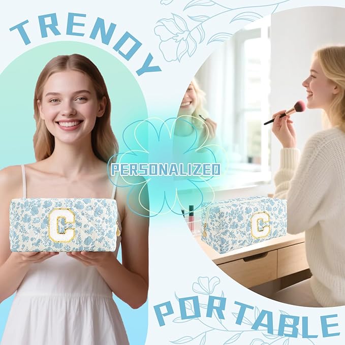 Personalized Quilted Cosmetic Bag, Puffy Monogrammed Christmas Birthday Gifts for Women & Girls, Cute initial Floral Makeup Bag Puffer Coquette Bag, Aesthetic Travel Toiletry Zipper Pouch(Blue,C)
