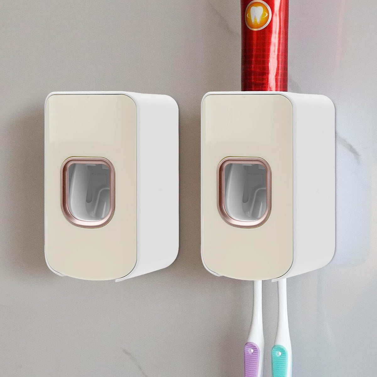 2 Slot Toothbrush Holder and Toothpaste Dispenser Wall Mounted, Automatic Toothpaste Squeezer, 2 in 1 Tooth Brush Toothpaste Organizer for Shower (Ivory Yellow 2Pack)