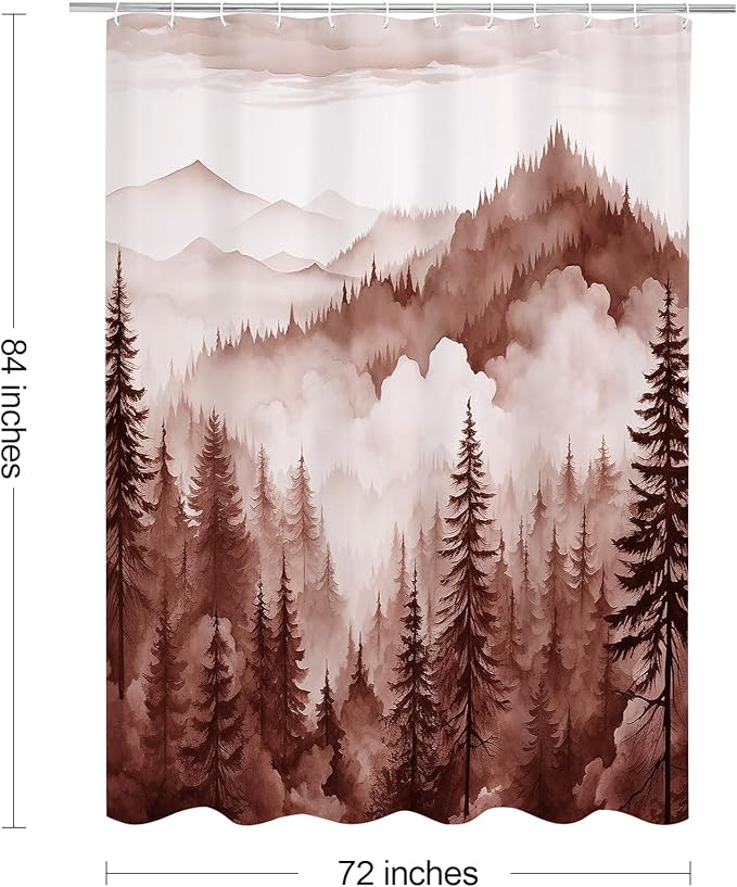 Litabel Burgundy Extra Long Misty Pine Forest Shower Curtain 72 x 84, XL Mountain Foggy Woodland Scenery Tree Shower Curtains for Bathroom, Abstract Waterproof Nature-Themed Decor