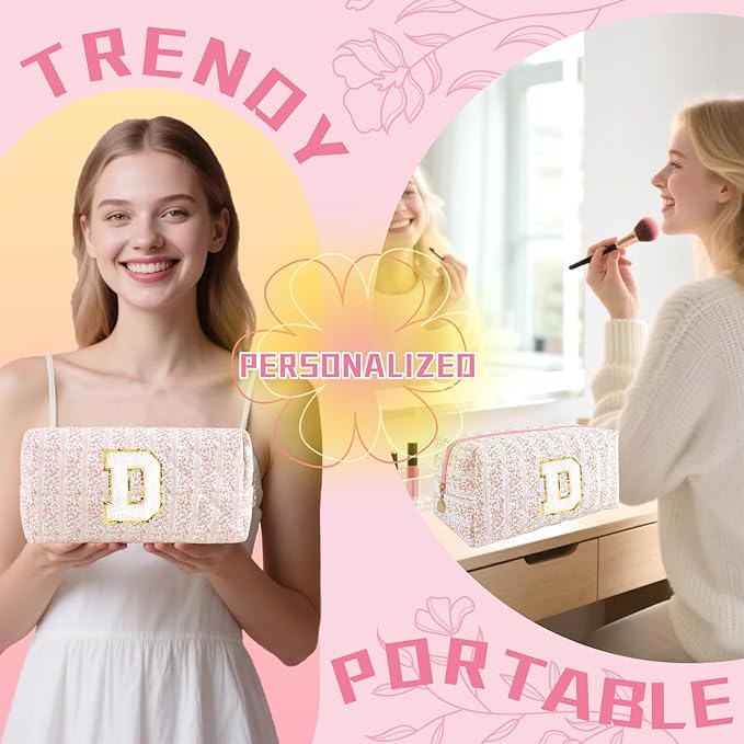 Personalized Quilted Cosmetic Bag, Puffy Monogrammed Christmas Birthday Gifts for Women & Girls, Cute initial Floral Makeup Bag Puffer Coquette Bag, Aesthetic Travel Toiletry Zipper Pouch(Pink,D)