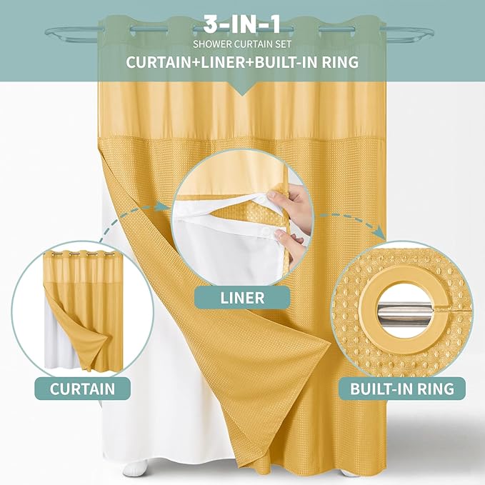 eachope Gold No Hook Waffle Weave Shower Curtain with snap-in Liner Replacement, 230GSM Waterproof Fabric Hotel Shower Curtain Set for Bathroom, Through Mesh Top Window,71Wx77H